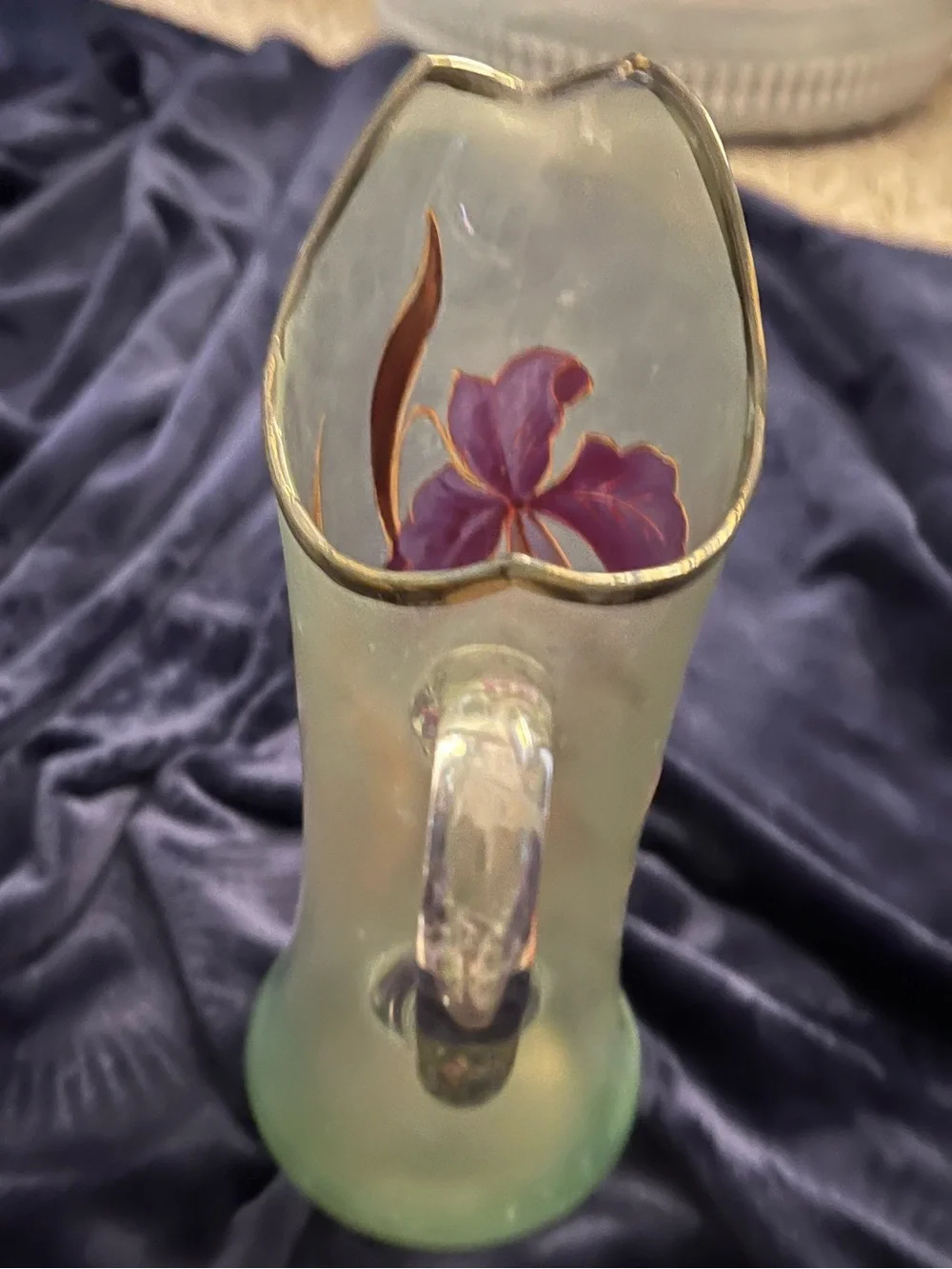 Art Nouveau vase by François-Théodore Legras w/purple irises and gold leaves.